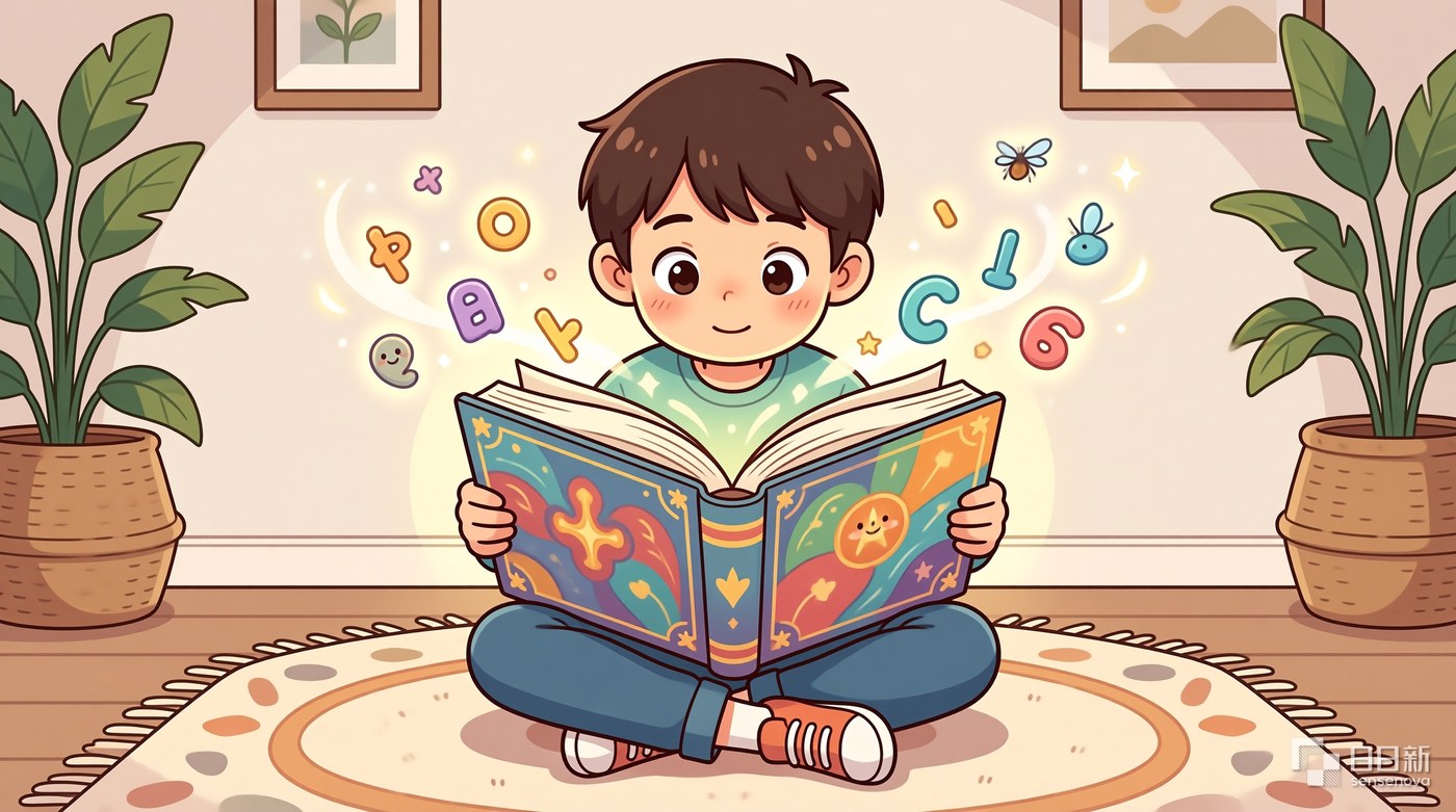 角落里的孩子盘腿读着一本大大的故事书，书里飘出星星一样的想象，阅读的种子正在发芽